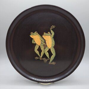 Couroc Dancing Frogs Tray Hand Inlaid Wood 10 Inch Round